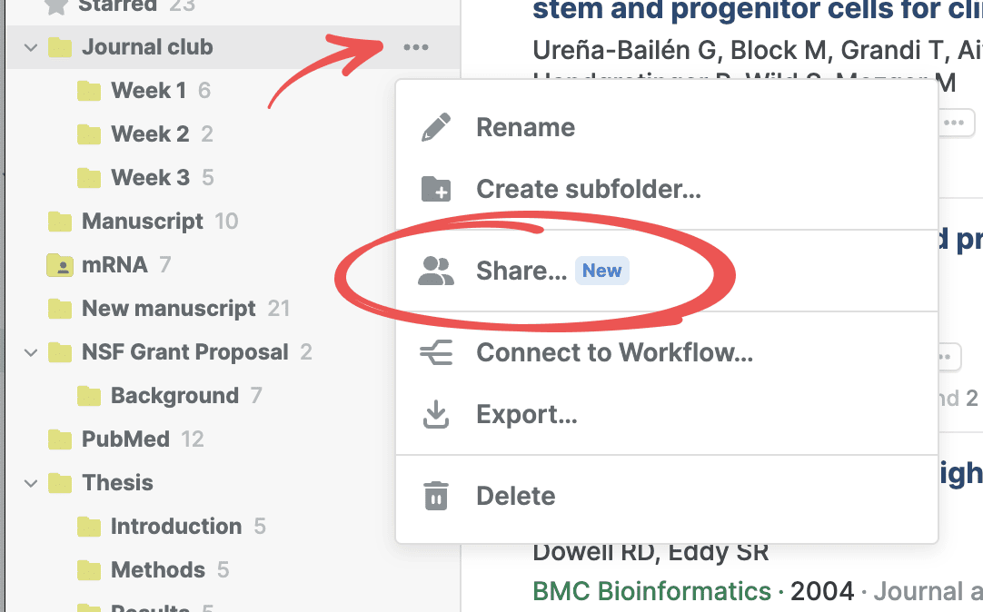 A folder’s three-dot menu in the sidebar with the circled “Share…” option carrying a New badge, between “Create subfolder…” and “Connect to Workflow…”.